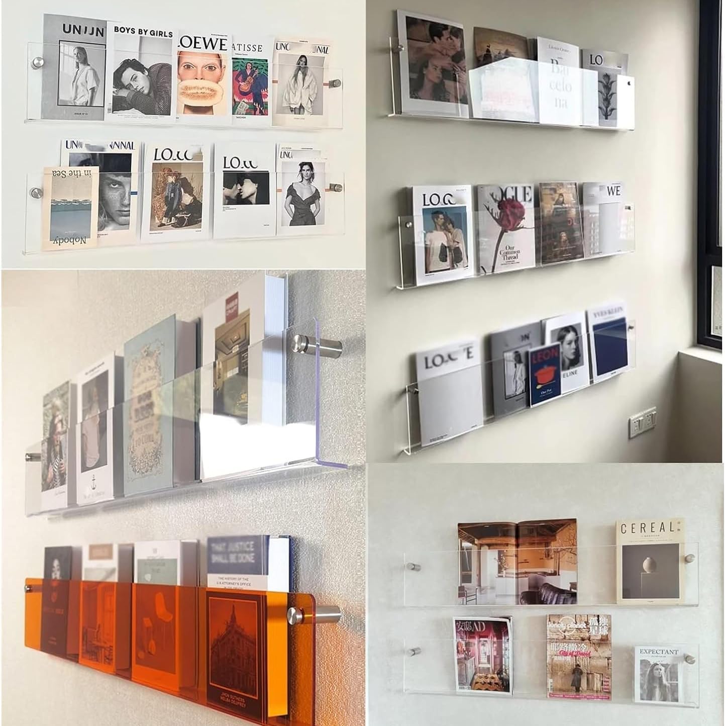 Acrylic Wall Magazine Rack,Clear Brochure Holder Adjustable for Storage Show Vinyl Record Newspaper Comic File, Transparent Hanging Bookshelf for Office Bathroom,White,90cm