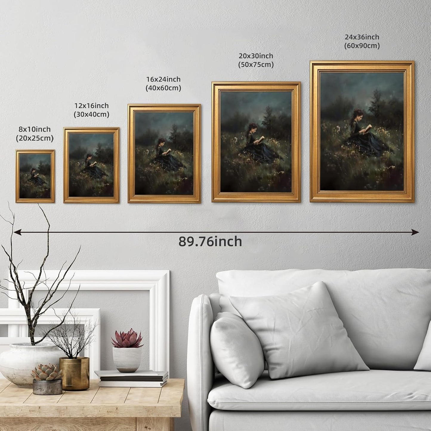 PMKXFGK Large Framed Wall Art Woman Reading in Field Poster Canvas Print Vintage Gothic Aesthetic Painting Dark Academic Pictures Wall Decor for Living Room Bedroom Apartment 24x36inch Golden Frame