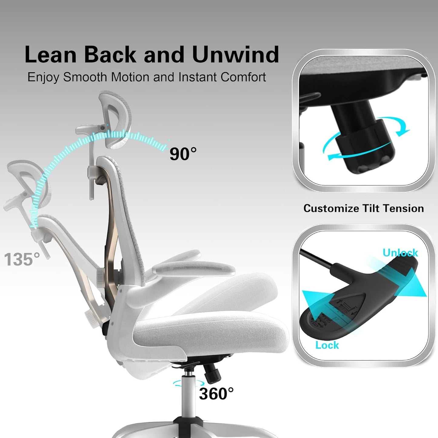 Ergonomic Office Chair for Back & Neck Pain Relief, Virgin Foam Seat, 2D Adjustable Lumbar & 3D Headrest, Tilt & Rock for Relaxation, Ideal for Long Sitting Comfort, White/Gold