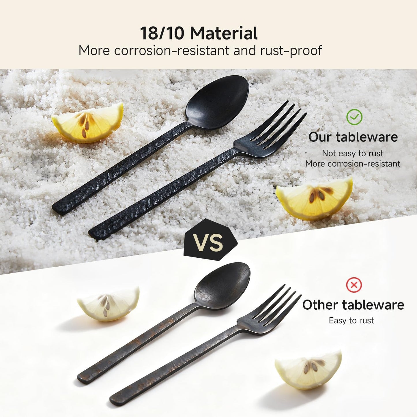 KINGSTONE 48 Pcs Black Hammered Silverware Set with Steak Knives for 8, 18/10 Stainless Steel Heavy Duty Flatware Set, Tableware Cutlery Utensil Sets for Home Restaurant Dishwasher Safe