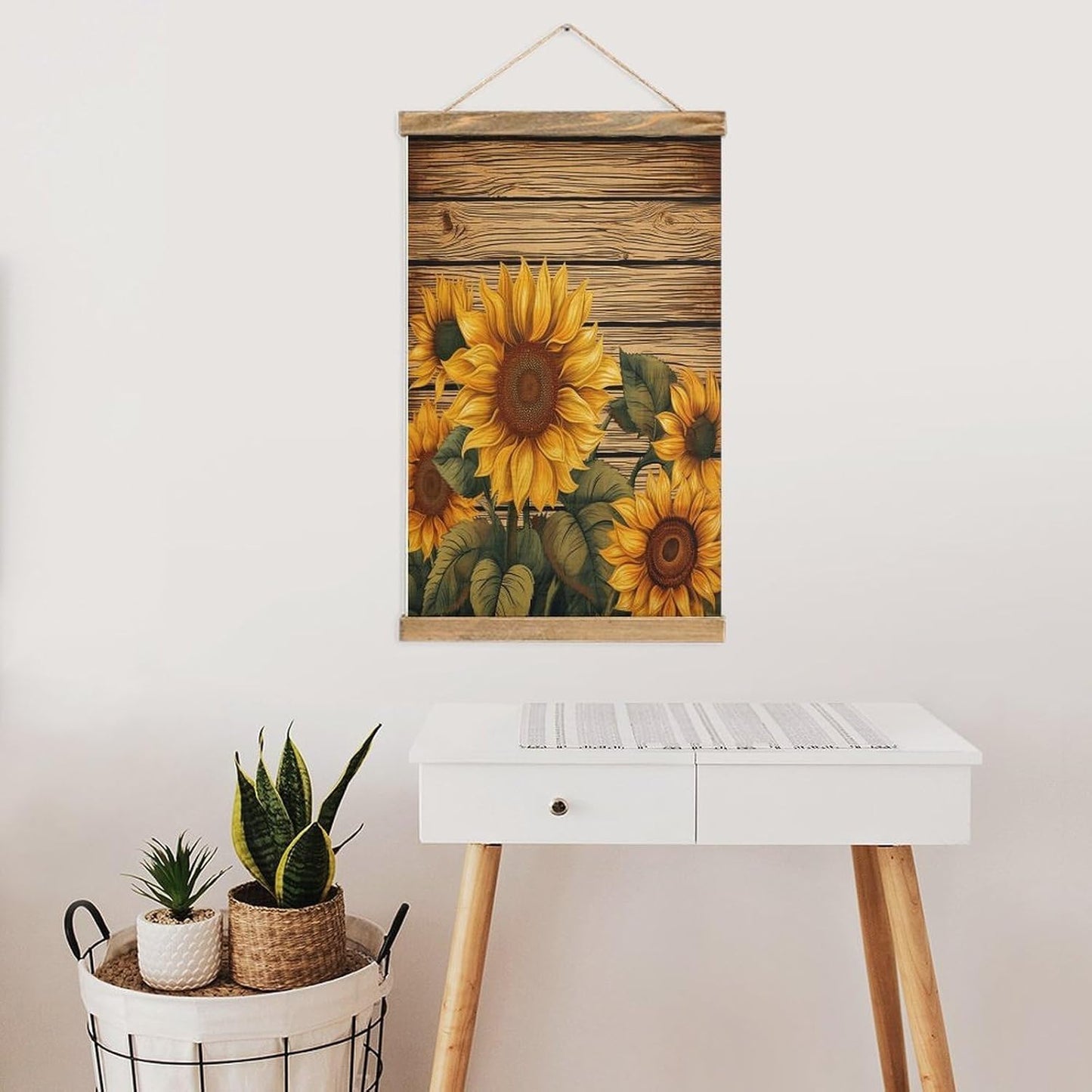 Vintage Paint Wooden Board Sunflower Poster with Wooden Frame Personalized Linen Hanging Scroll Painting Rustic Wall Hanging Illustrative Modern Artwork Decor for Home Living Room Bedroom Office