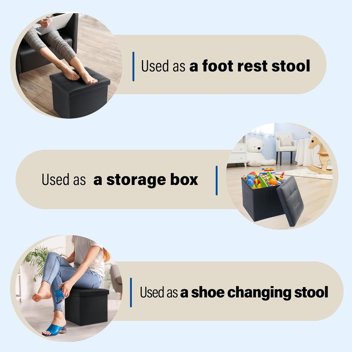 LotFancy Storage Ottoman, 2 Pack, Foldable Foot Rest Stool, 13x12x12 Inches Small Leather Bench with Storage, Holds up to 260 lb, for Living Room, Bedroom, Dorm, Black