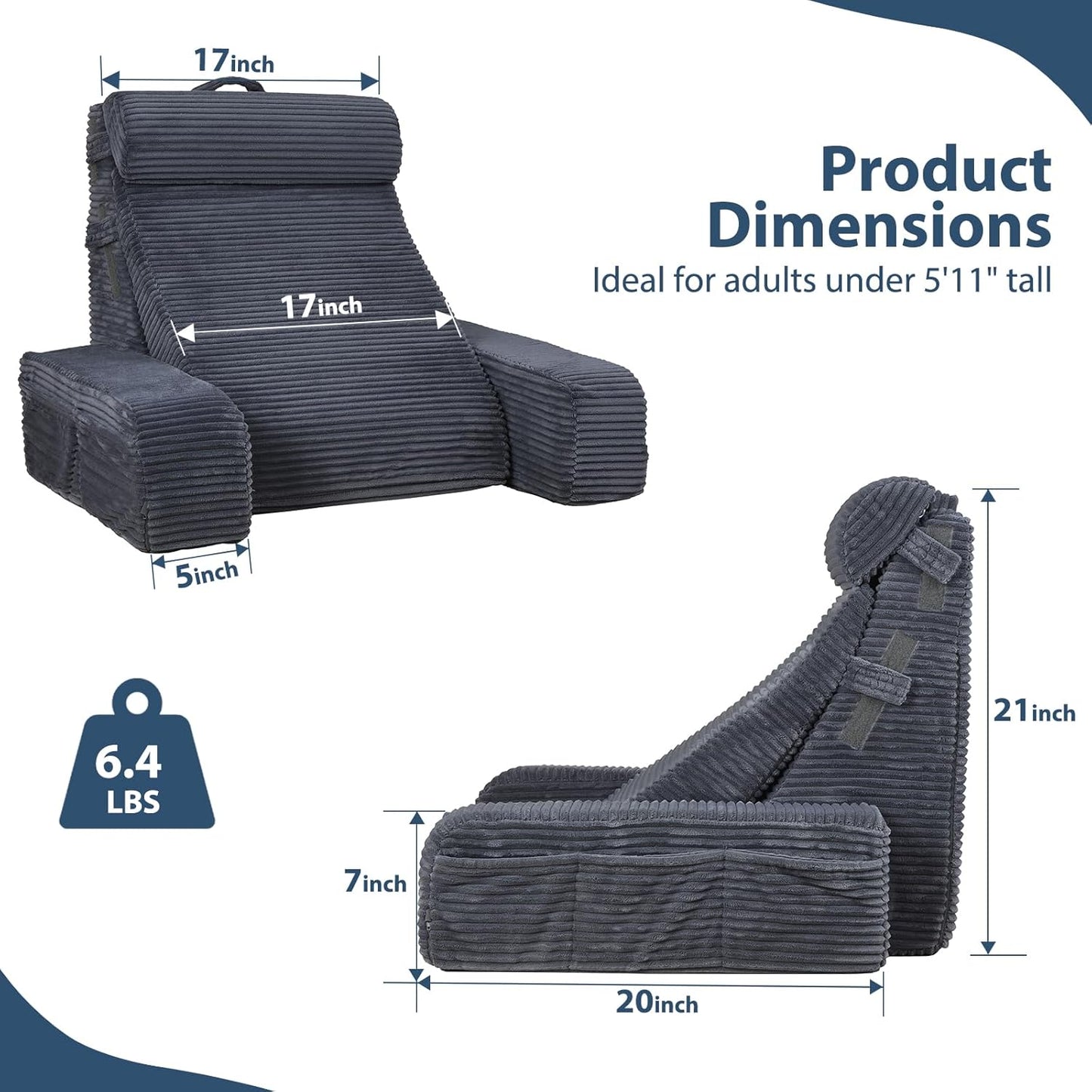 Vekkia Adjustable Reading Pillow & Back Pillow with Backrest – Zoned Multi-Density Foam for Targeted Support, XL Side Pockets – Bed Chair for Reading, Gaming, Relaxing & Post-Surgery Recovery