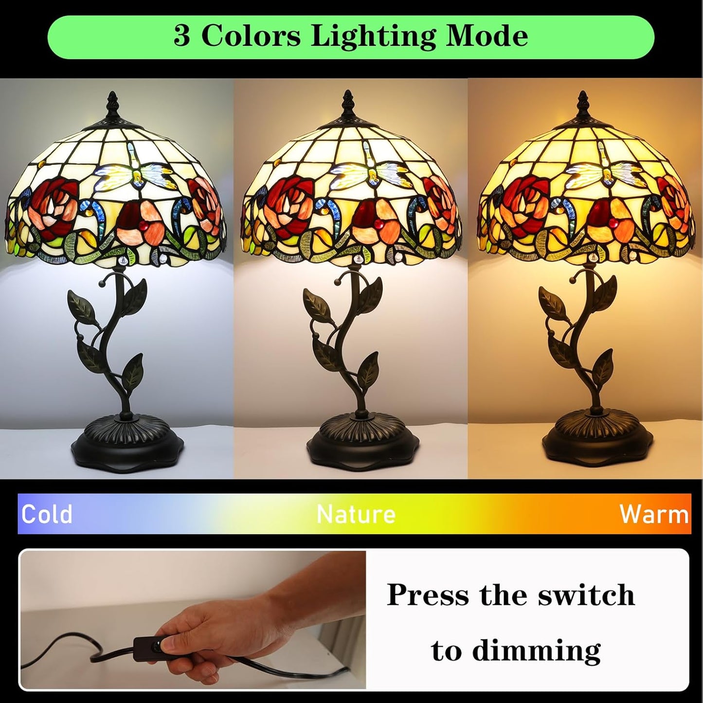 Stained Glass Table Lamp, Adjustable 3 Color Temperature, Dragonfly Rose Style Lampshade & Metal Leaf Antique Base Desk Reading Light 12X12X19 Inches Decor for Bedroom Living Room Office
