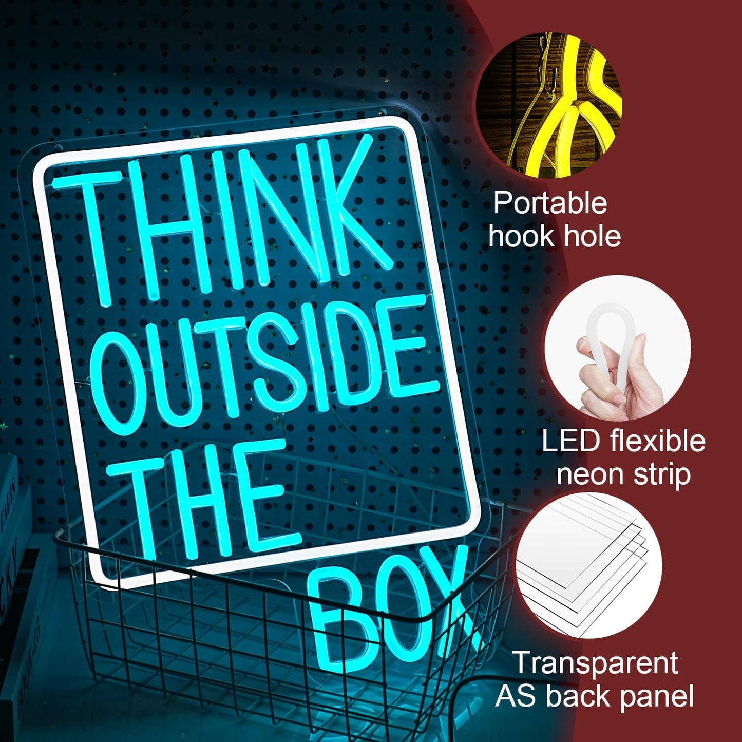 Think Outside The Box Neon Sign Dimmable USB Words Neon Light for Wall Decor Led Think Light Up Sign for Study Room Classroom Library Meeting Room Bedroom (Ice Blue White 16.1 * 11.8In)