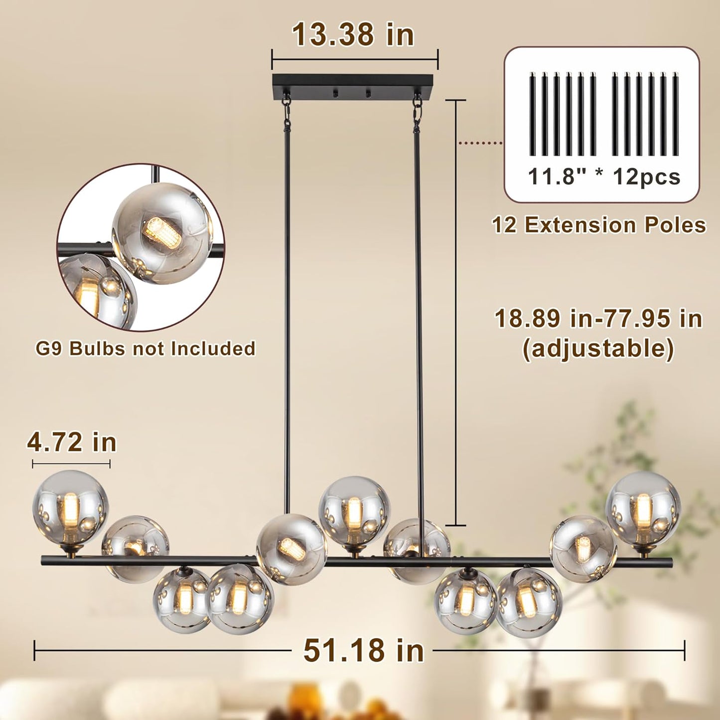 Linear Chandeliers for Dining Room 51.2" Large Sputnik Chandelier Pendant Lights Kitchen Island 11 Lights Dining Room Light Fixture Sputnik Modern Linear Globe Chandelier Black for Farmhouse Kitchen