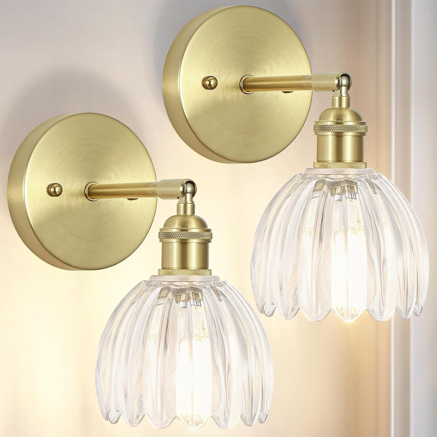 Hardwired Wall Sconces Set of Two, Vintage Wall Lights with Clear Tulip Glass Lampshade, Gold Wall Lamps for Bedroom Bedside Stairway Bathroom Living Room (Bulbs Not Included, Not Battery Powered)