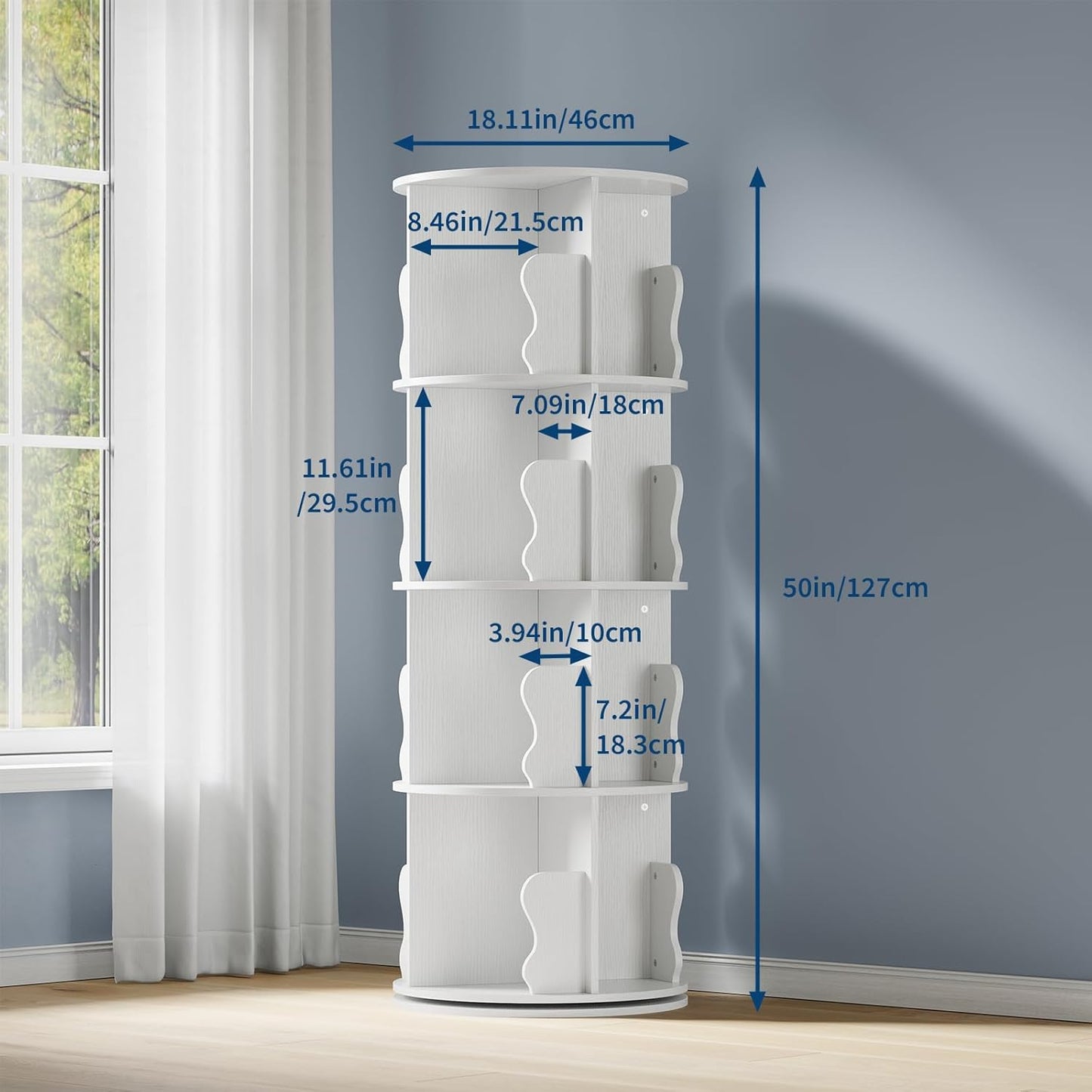 Rotating Bookshelf, 360 Display Spinning Bookshelf Tower, 4 Tier Floor Standing Bookcase Storage Rack, Revolving Bookcase Wood Narrow Book Shelf Organizer for Small Space, Bedroom, Living Room, White