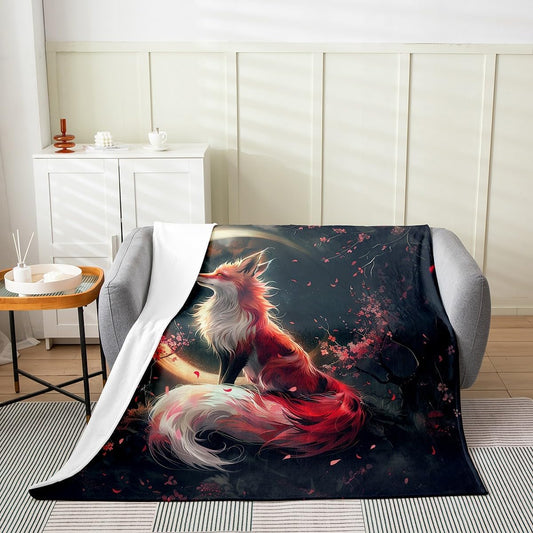 Exotic Fox Flannel Blanket Warm Lightweight,Traditional Japanese Cherry Blossom Warm Blanket for Couch Sofa Decor,Boho Wildlife Fuzzy Blanket 40"x50",Gothic Moon Sky Fleece Blankets