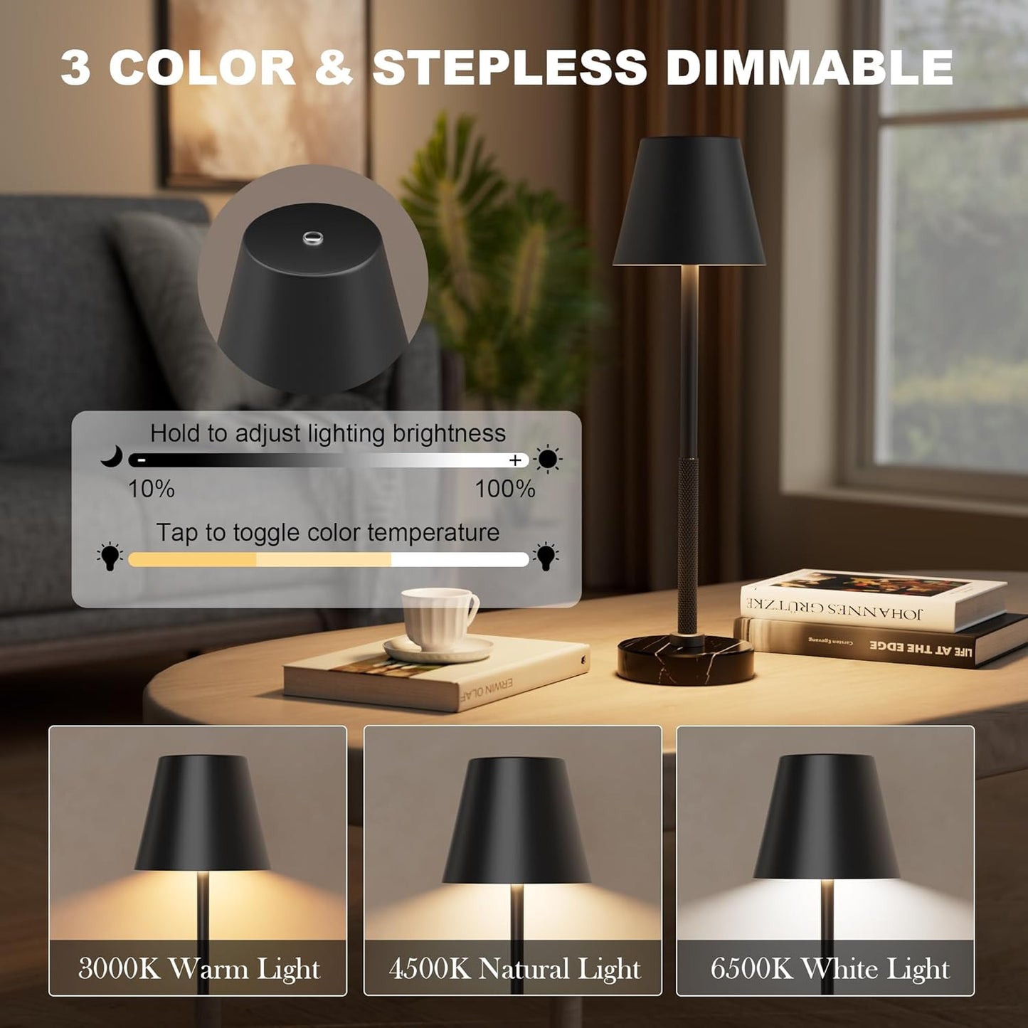 Cordless Table Lamp 2 Pack with Marble Base,5200mAh Battery Operated Lamp,IP54 Waterproof Portable LED Desk Lamp,3-Color Stepless Dimming, Height Adjustable for Patio,Bedroom,Restaurant(Black)