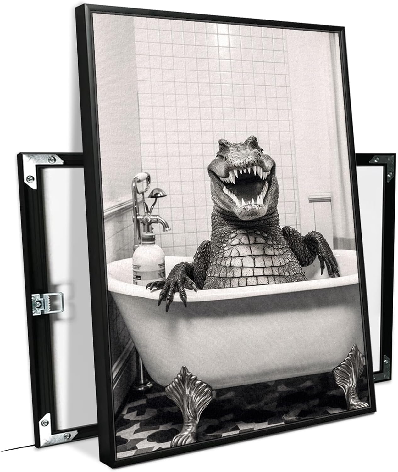 Funny Crocodile Bathroom Decor Wall Art (Black Aluminum L16"xW12" Frame) Prints Painting , Vintage Black and White Rustic Style Cute Animals Canvas Art Poster for Restroom Decoration, Farmhouse Wall
