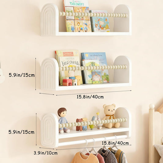 OurWarm Nursery Book Shelves for Wall Set of 3, White Natural Wood Nursery Floating Shelves with Towel Bar, Wall Mounted Floating Bookshelves for Baby Room Kids Room Living Room Storage and Decor