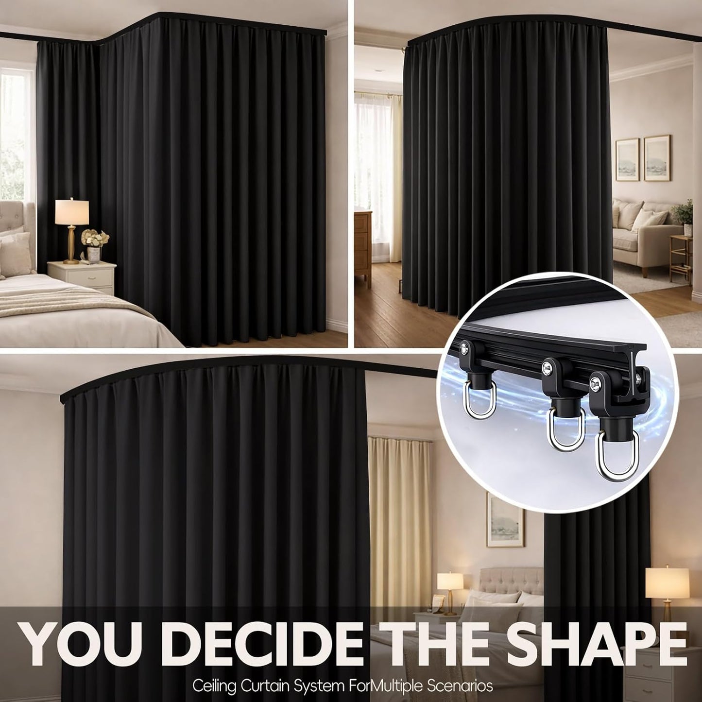Room Divider Curtain Ceiling Curtain Track Set for Blackout and Privacy (Black Curtain + Black Track) 106" W x 84" L -1 Piece
