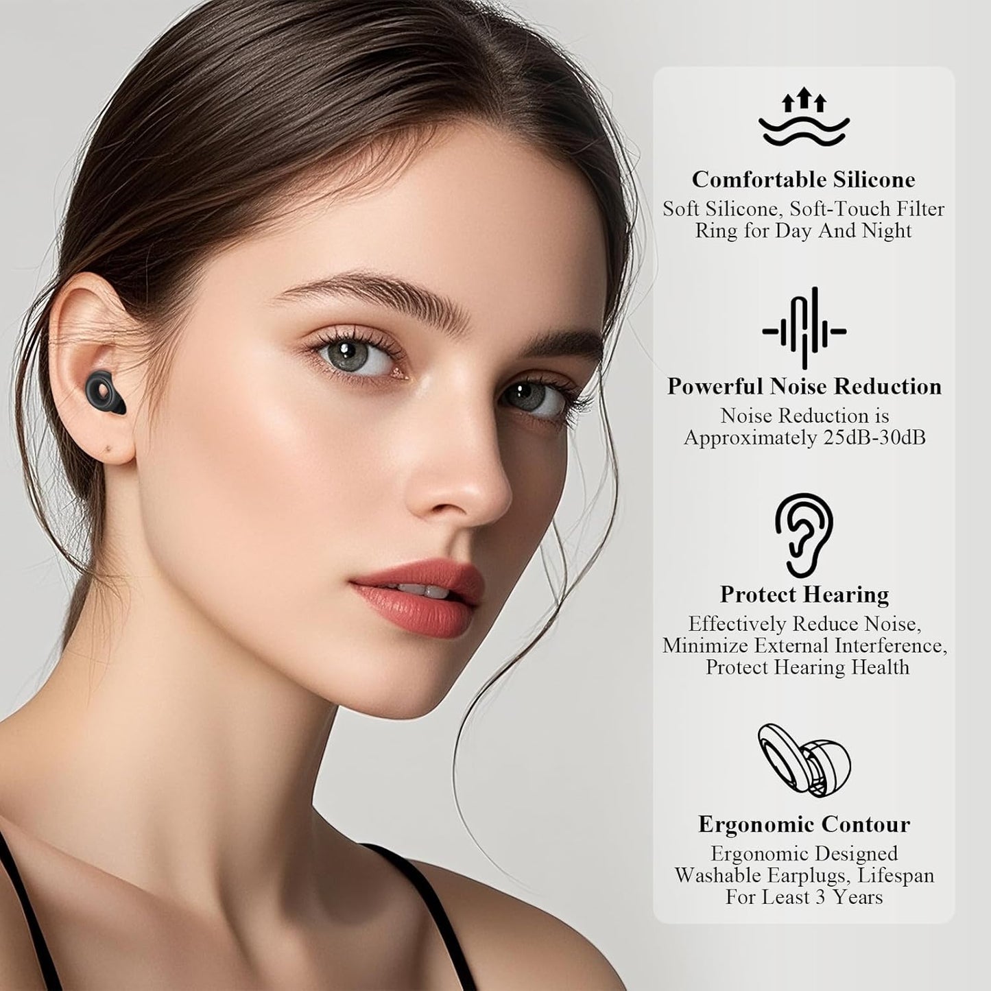 Ear Plugs for Sleeping Noise Cancelling, 30dB Noise Reduction Earplugs, Soft Silicone Reusable Hearing Protection Earplugs for Deep Focus, Work, Travel, Concert with Case & 8Eartips,HTB-Black