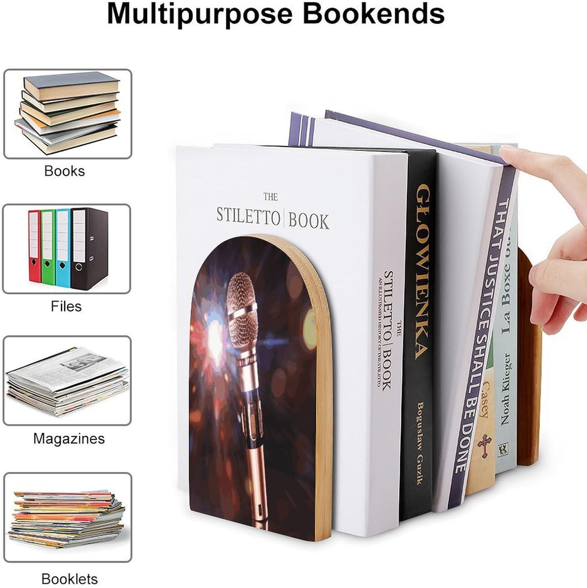 Non-Slip Bookend for Shelves Karaoke Microphone Wooden Bookends with Metal Base Decorative Book Stopper for Home Heavy Duty Wood Book Storage for Books/CDs