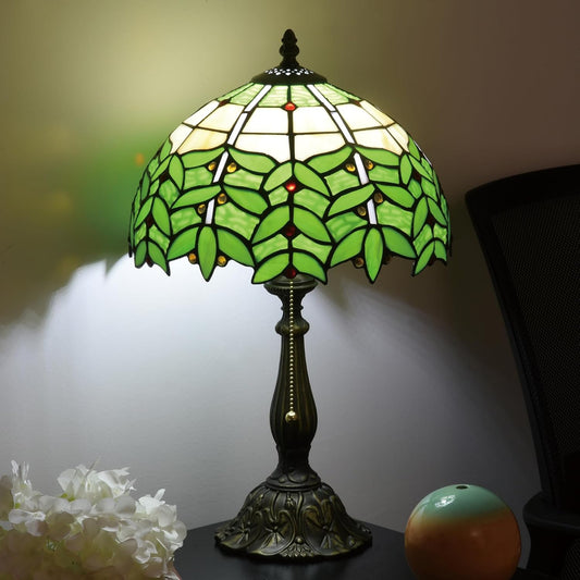 Tiffany Style Stained Glass Table Lamp 12-inch Dia Natural Green Leaf Design Lampshade Nightstand Light for Bedroom Dining Dorm Living Hallway Cottage Office Cafe Ceremony Housewarming Gift