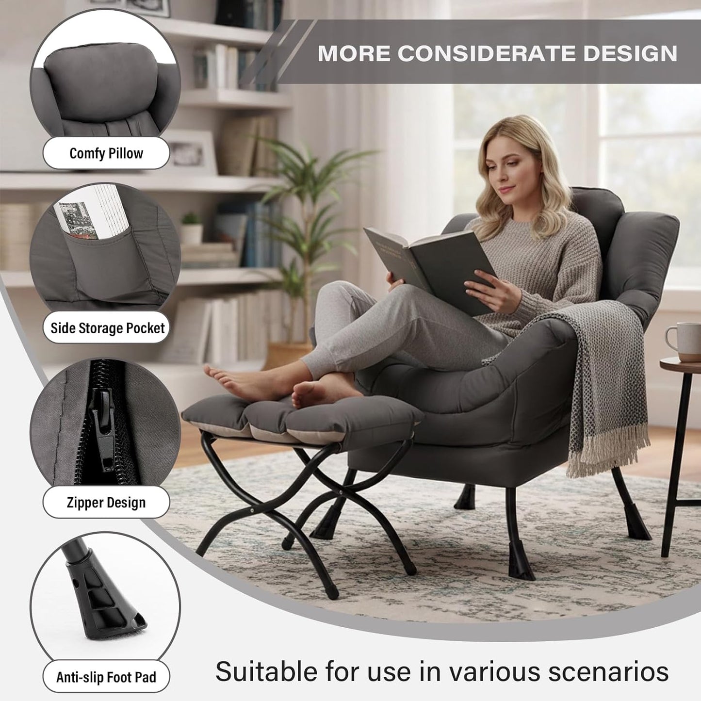 Lazy Chair with Ottoman, Modern Accent Lounge Armchair with Armrests and a Side Pocket & Foldable Footstool, Leisure Reading Chair for Living Room, Bedroom, Dorm & Office, Dark Grey