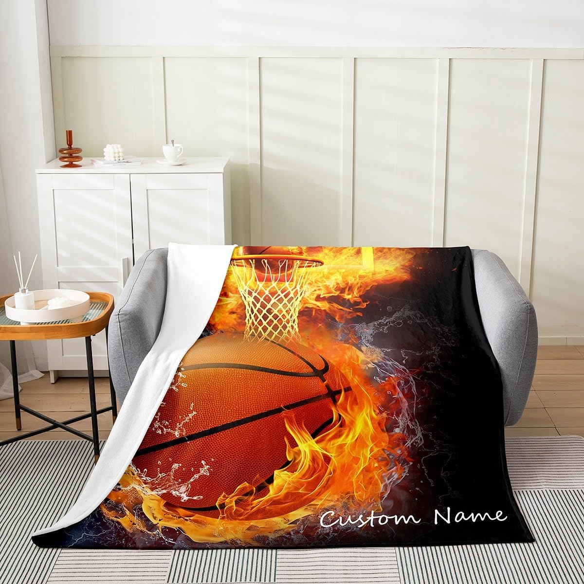 Erosebridal Basketball Blanket Throw with Custom Name,Basketball Throw Blanket for Boys,Ice Fire Red Frame Sports Fleece Blanket for Teens Youth,Fire Court Flannel Blanket Living Room Decor