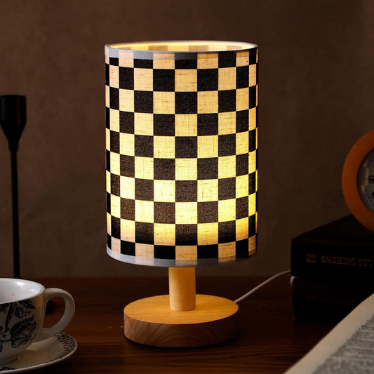 Baquler Bedside Lamp for Bedroom Black White Checkered Table Lamp with USB Racing Birthday Party Gifts Wood Base Round Flaxen Fabric Shade for Desk Living Room Office Classroom