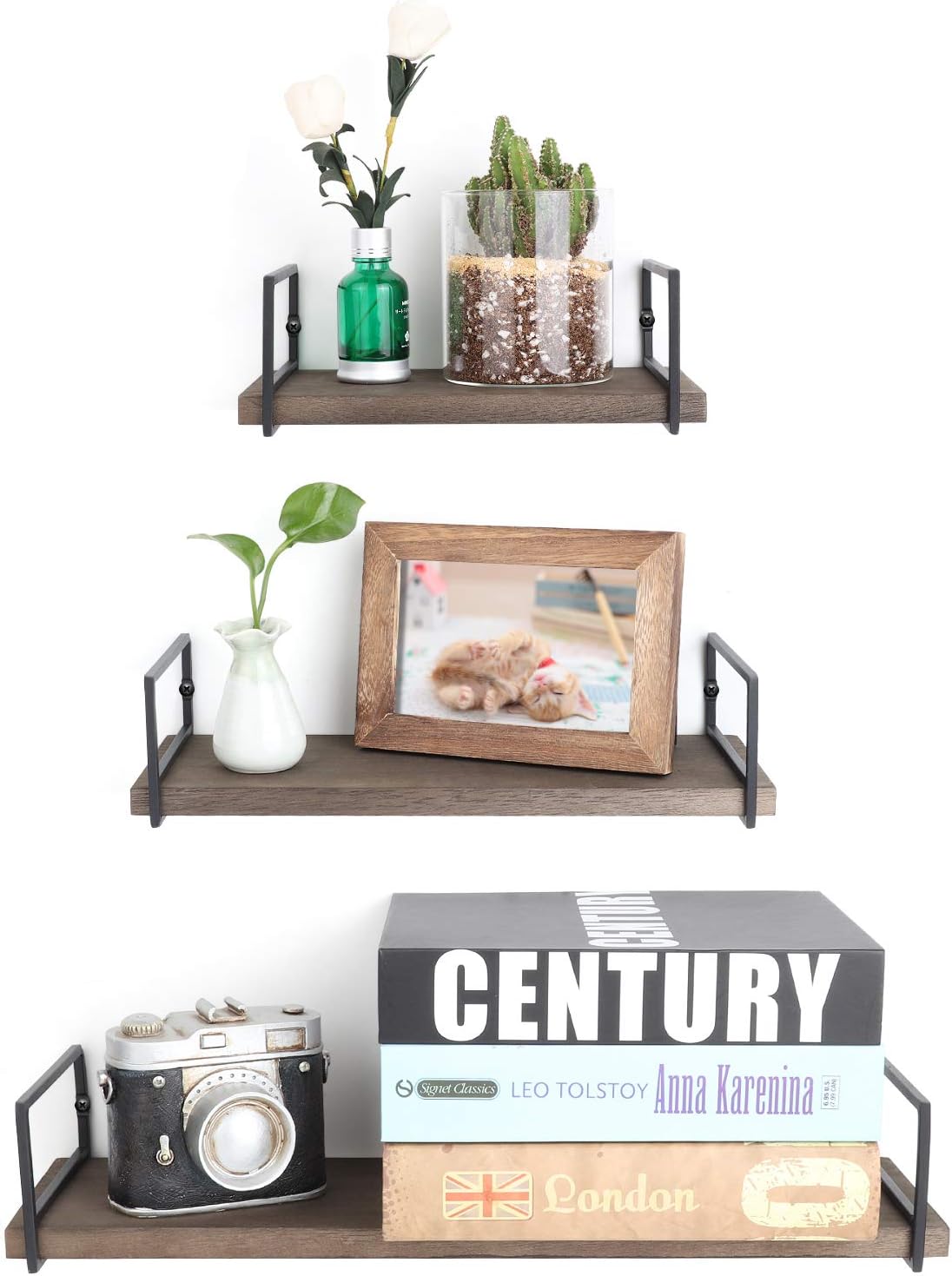 Floating Shelves Wall Mounted Set of 3, Rustic Wood Wall Storage Shelves for Bedroom,Living Room,Bathroom, Kitchen Walnut