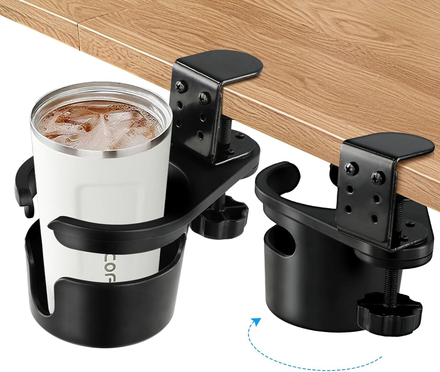 Upgraded Deeper Desk Cup Holder with 360° Rotation, Clamp Mount Design, Metal Office & PC Gaming Desk Accessories,Hidden Adjustable Drink Holder for Arm Chair,Coffee Cup