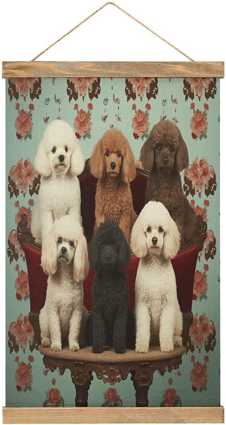 Vintage Poodles Dogs Poster with Wooden Frame Personalized Linen Hanging Scroll Painting Rustic Wall Hanging Illustrative Modern Artwork Decor for Home Living Room Bedroom Office
