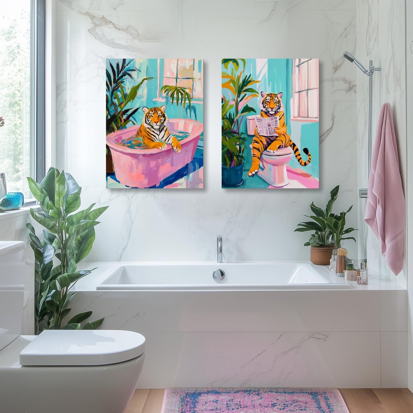 Funny Bathroom Pink Tiger Wall Art, Cute Tiger Reading Newspaper On The Toilet, Whimsical Animal Poster Prints for Restroom Bathroom, Set Of 2, 16x24 In