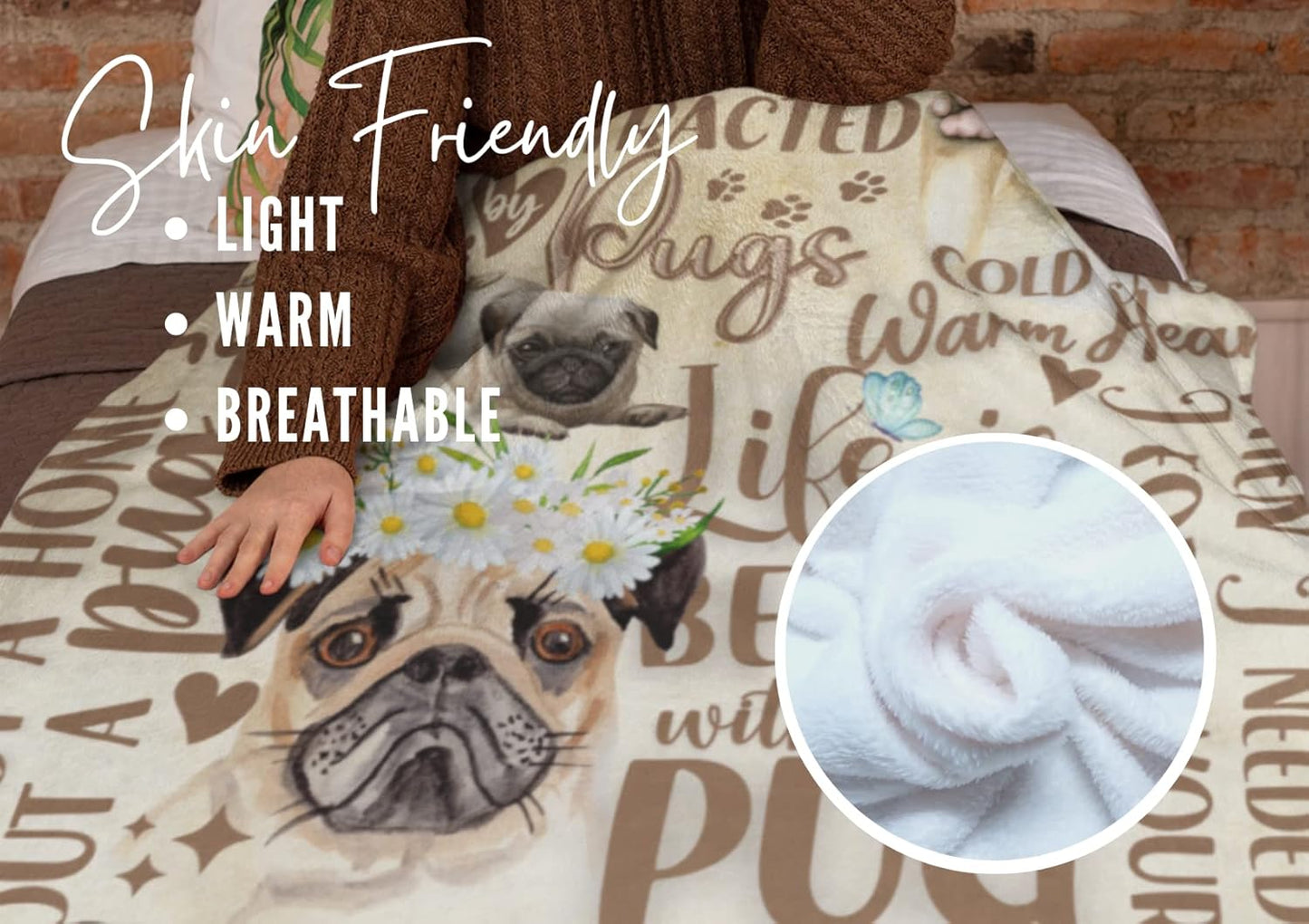 Pug Gifts for Pug Lovers, Soft Watercolor Flannel Throw Blanket for Dog Mom Dad Women Men, 50x65 Inches