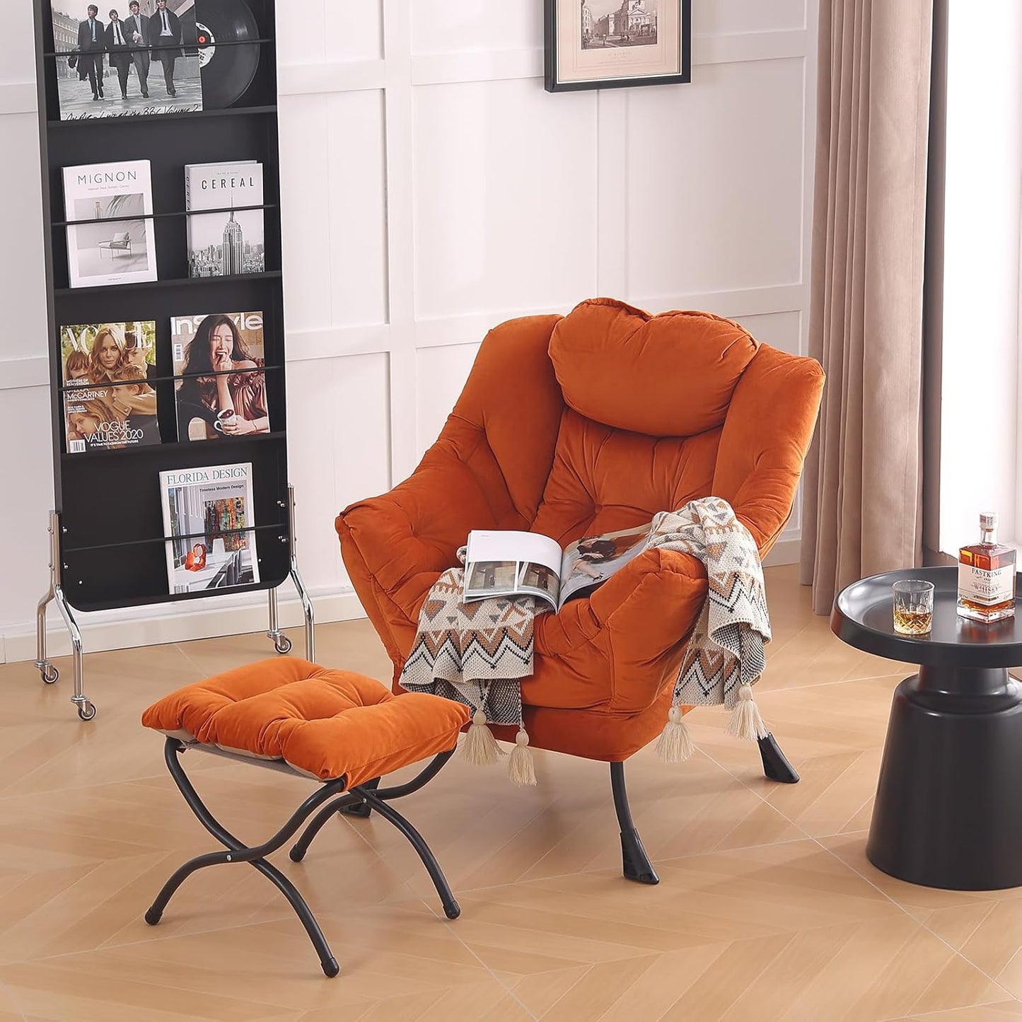 LITA Lazy Chair with Ottoman, Modern Lounge Accent Chair with Armrests and a Side Pocket, Leisure Upholstered Sofa Chairs Set, Reading Chairs with Footrest for Small Space,Orange