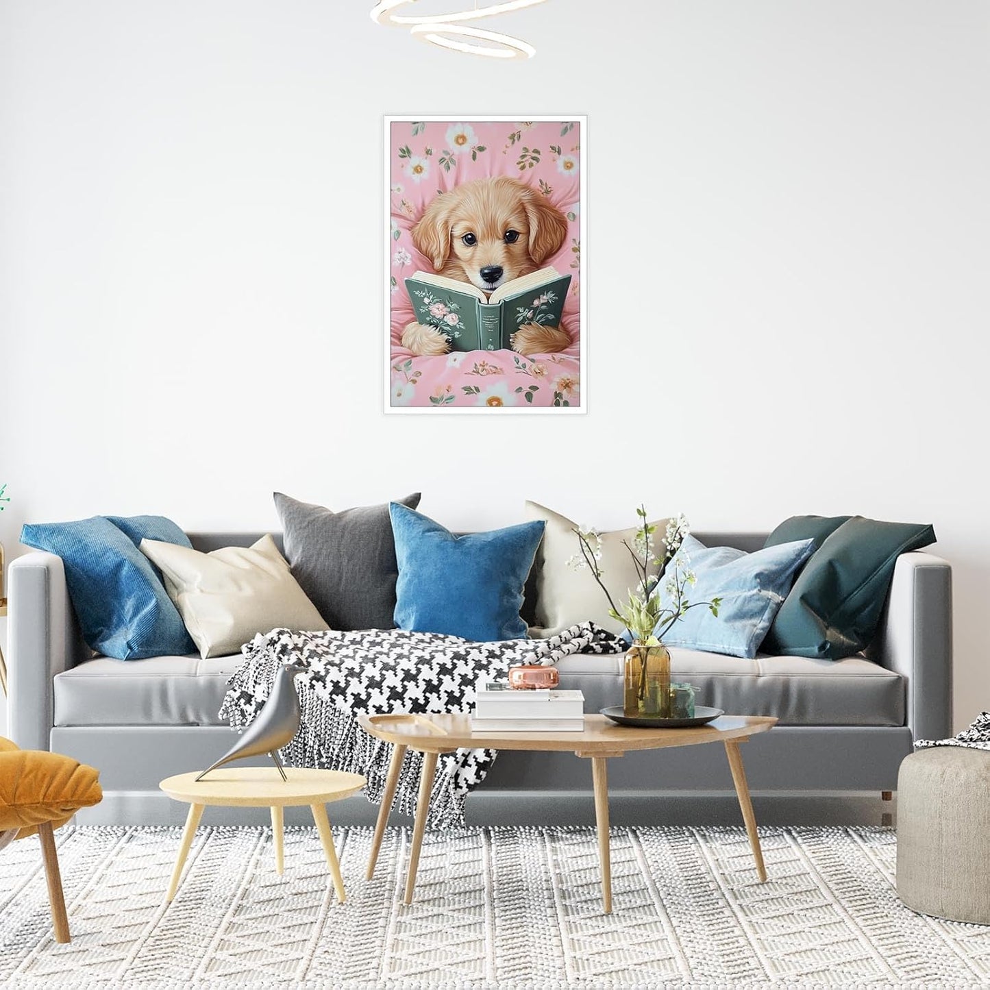 Cute Dog Reading In Bed Canvas Wall Art Trendy Funny Animal Poster Funky Minimalist Pink Room Flower Pet Aesthetic Prints Painting For Home Bedroom Kids Room Dorm Wall Decor 8x12in Unframed