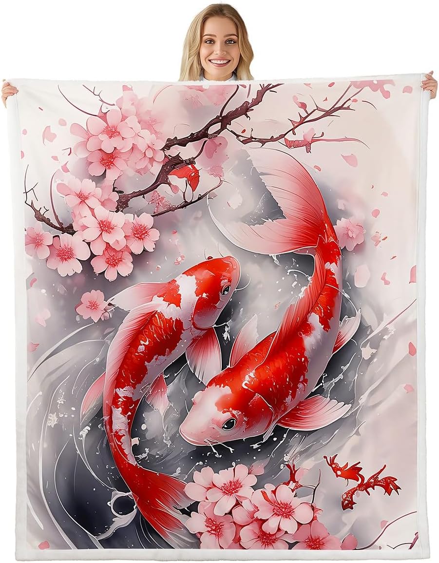 Feelyou Kids Japanese Koi Fish Fleece Throw Blanket Throw 50"x60" Cherry Blossoms Sherpa Blanket Boys Girls Japanese Style Plush Blanket Sakura Flower Floral Botanical Spring Fuzzy Blanket
