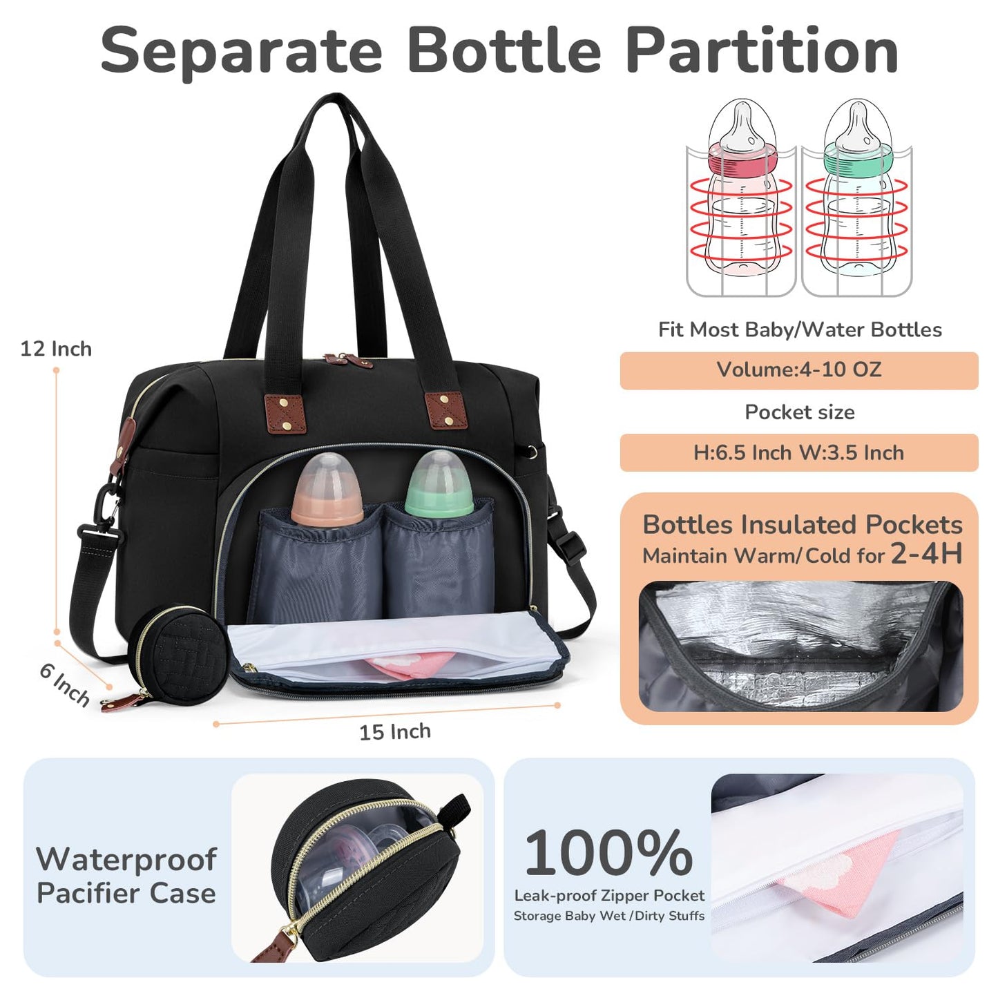 Diaper Bag Tote with Pacifier Case, Baby Bag for Women with Shoulder Straps, Travel Diaper Tote for for Mom and Dad Medium Size, Black