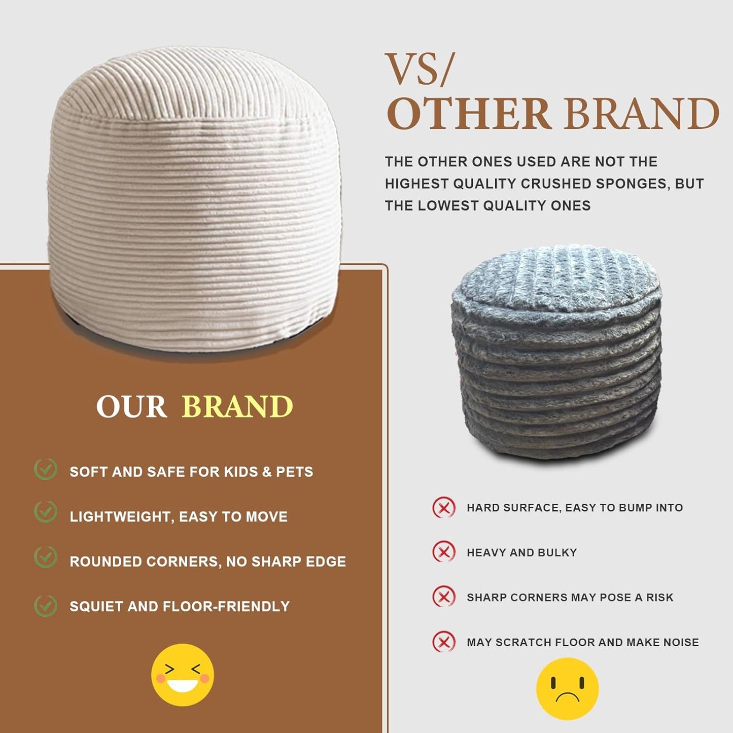 Foot Stools Ottoman,Round Stuffed Pouf Ottoman, Corduroy Poufs with Foam Chunk Filling, Furry and Fluffy Storage Ottomans, 20 X 15 Floor Poufs Foot Rest for Living Room