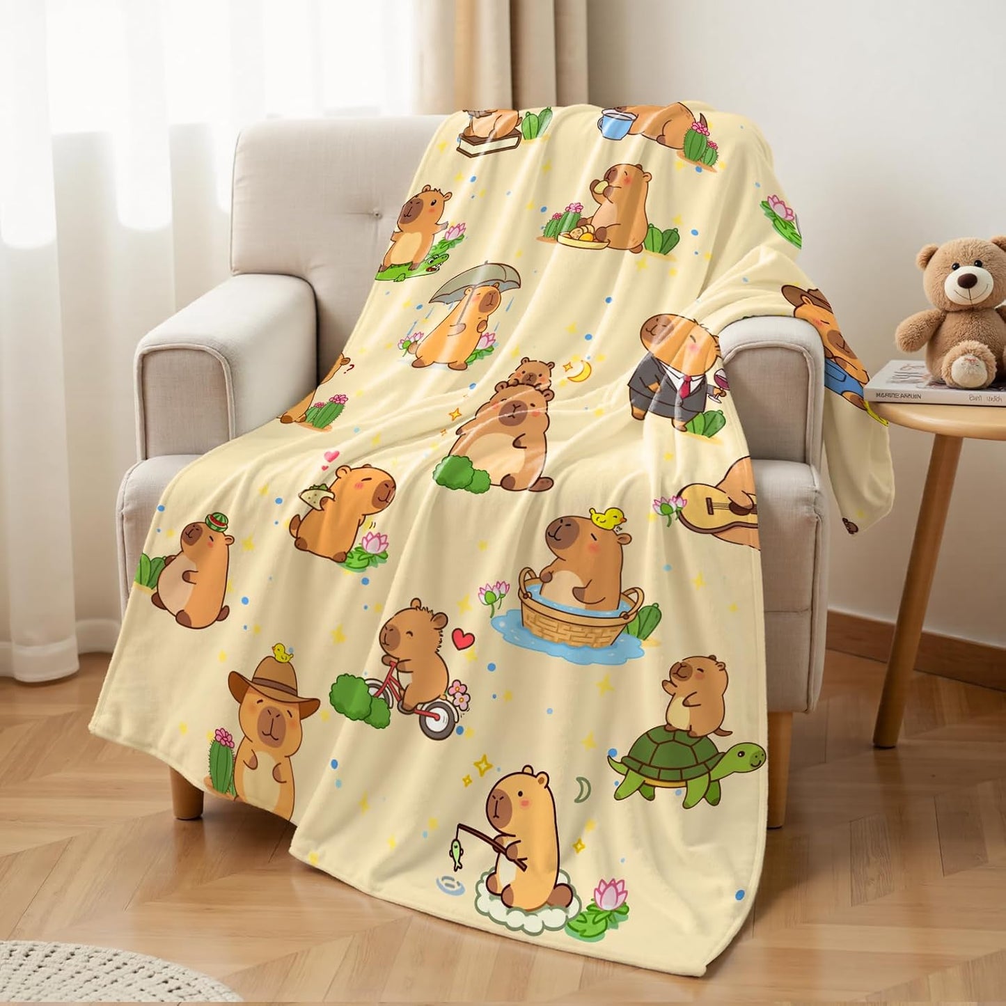 Capybara Gifts Blanket 50x60 Inch Cozy Throw Blanket with Capybara (Biking Guitar Reading) for Christmas Birthday Warm Lightweight Couch Sofa Bed Throw for Kids Women Men