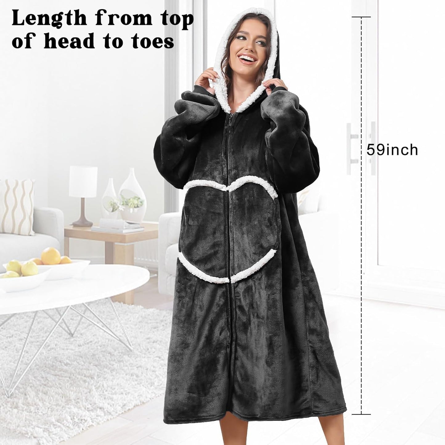 Oversized Wearab Blanket Hoodie, Cozy Flannel Blanket with Sleeves and Zipper for Women, Mens, Teens