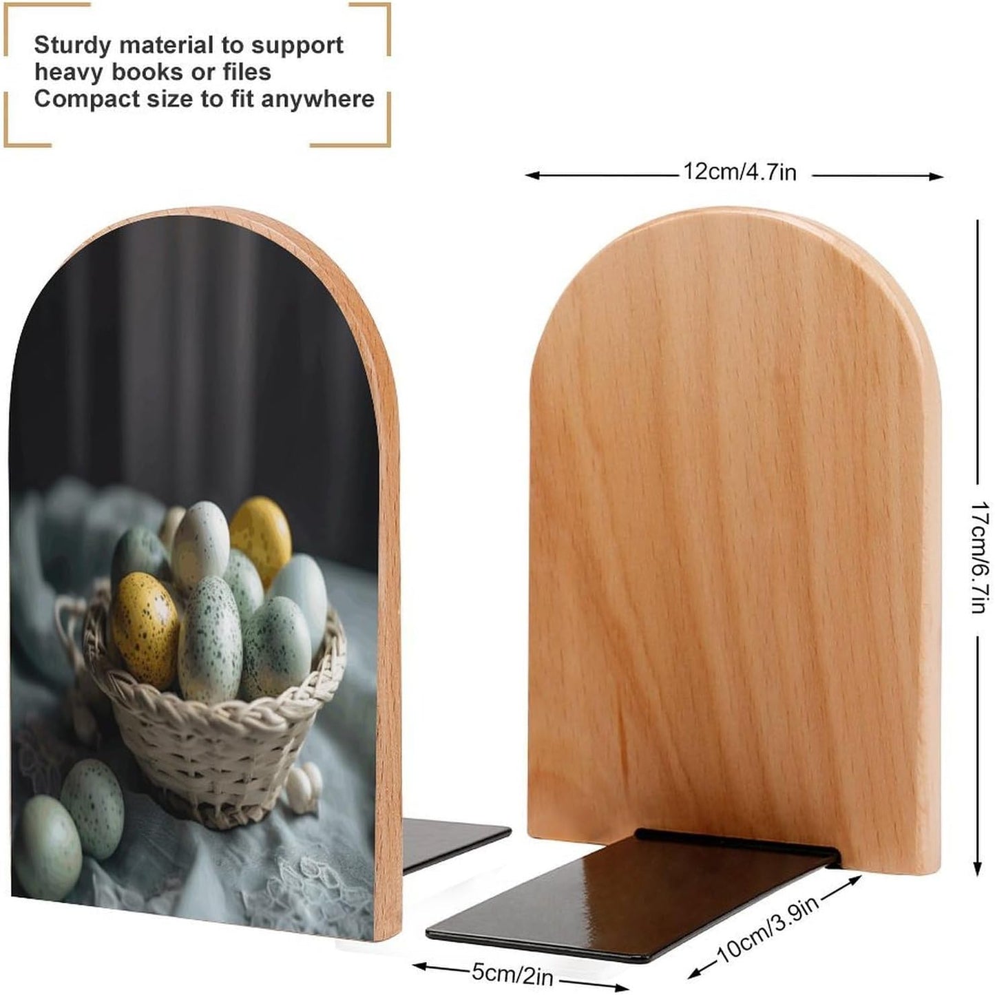 Easter Egg Basket Bookend for Shelves Wooden Book End Large Size Sturdy Book Holders Stoppers with Metal Base for Bookshelves Slick Decorative Bookends Stands