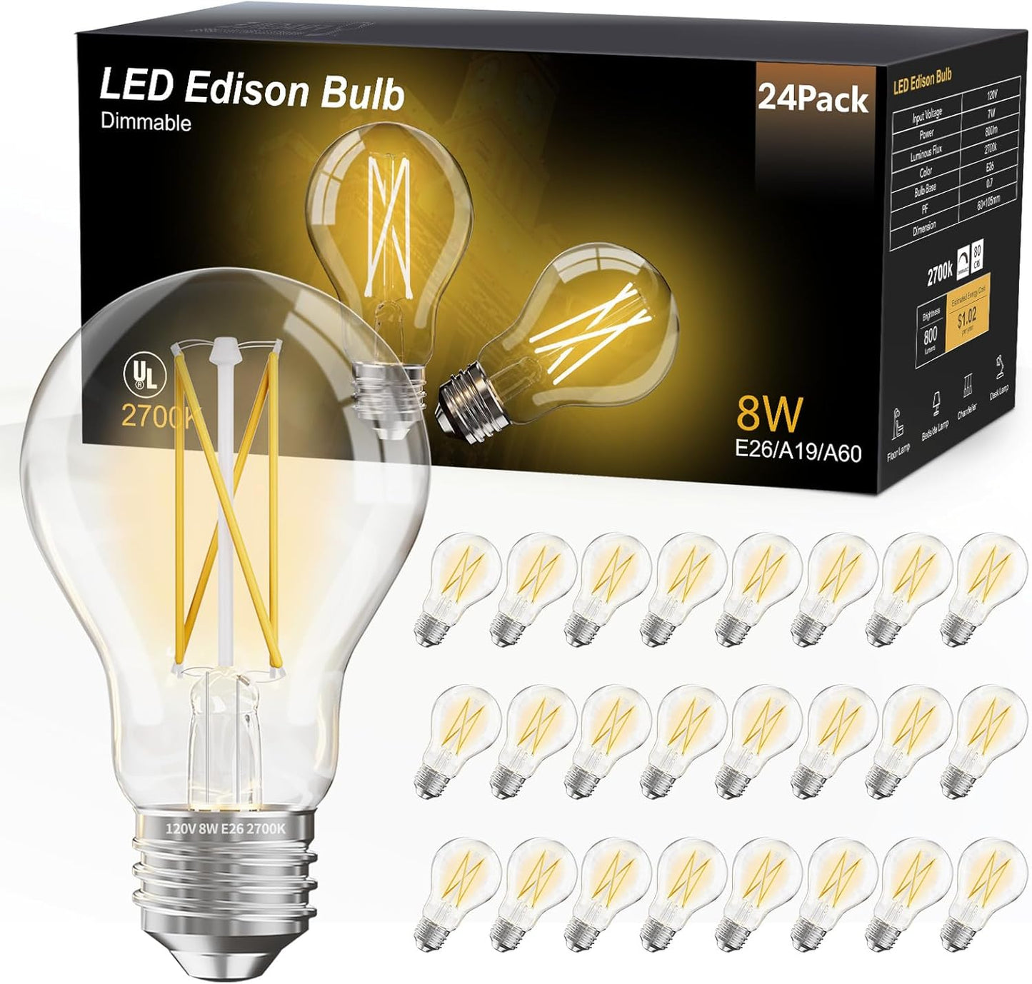 dalattin 24 Pack A19 Vintage LED Edison Bulbs, Dimmable, 60W Equivalent, High Brightness 2700K Soft White, 8W E26 Standard Base, 800 Lumens, CRI80+, Clear Glass Filament Bulb for Home