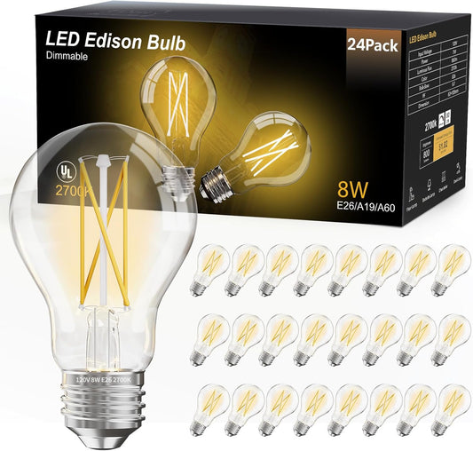 dalattin 24 Pack A19 Vintage LED Edison Bulbs, Dimmable, 60W Equivalent, High Brightness 2700K Soft White, 8W E26 Standard Base, 800 Lumens, CRI80+, Clear Glass Filament Bulb for Home