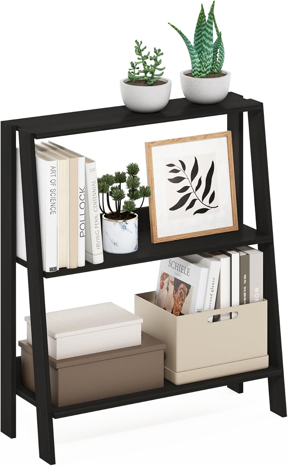 Furinno Ladder Book Shelf, 3-Tier Ladder Shelf, Open Design Bookshelf, Display Storage Bookcase, 9.3" x 23.6" x 27", Living Room, Home Office, Espresso