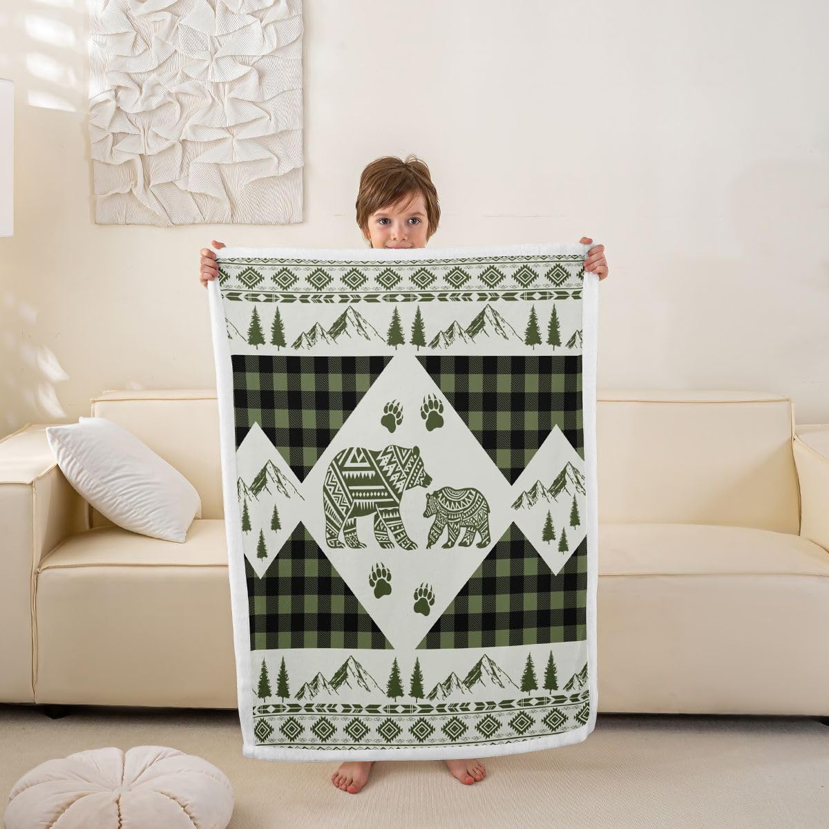 Feelyou Bear Sherpa Throw Blanket for Couch Rustic Cabin Country Super Soft Cozy Fleece Green Plaid Blanket for Winter, Plush Throw Baby 30"x40" All Season