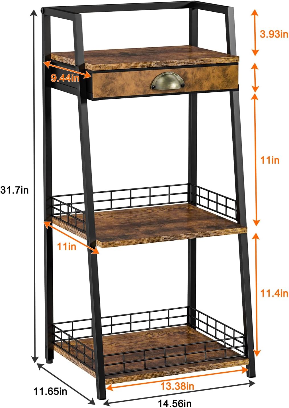 keomaisyto 3-Tier Bathroom Shelves with Canvas Drawer, Floor Bathroom Storage Shelf, Small Storage Stand Rack, Freestanding Ladder Shelf for Living Room Bedroom, Rustic Brown