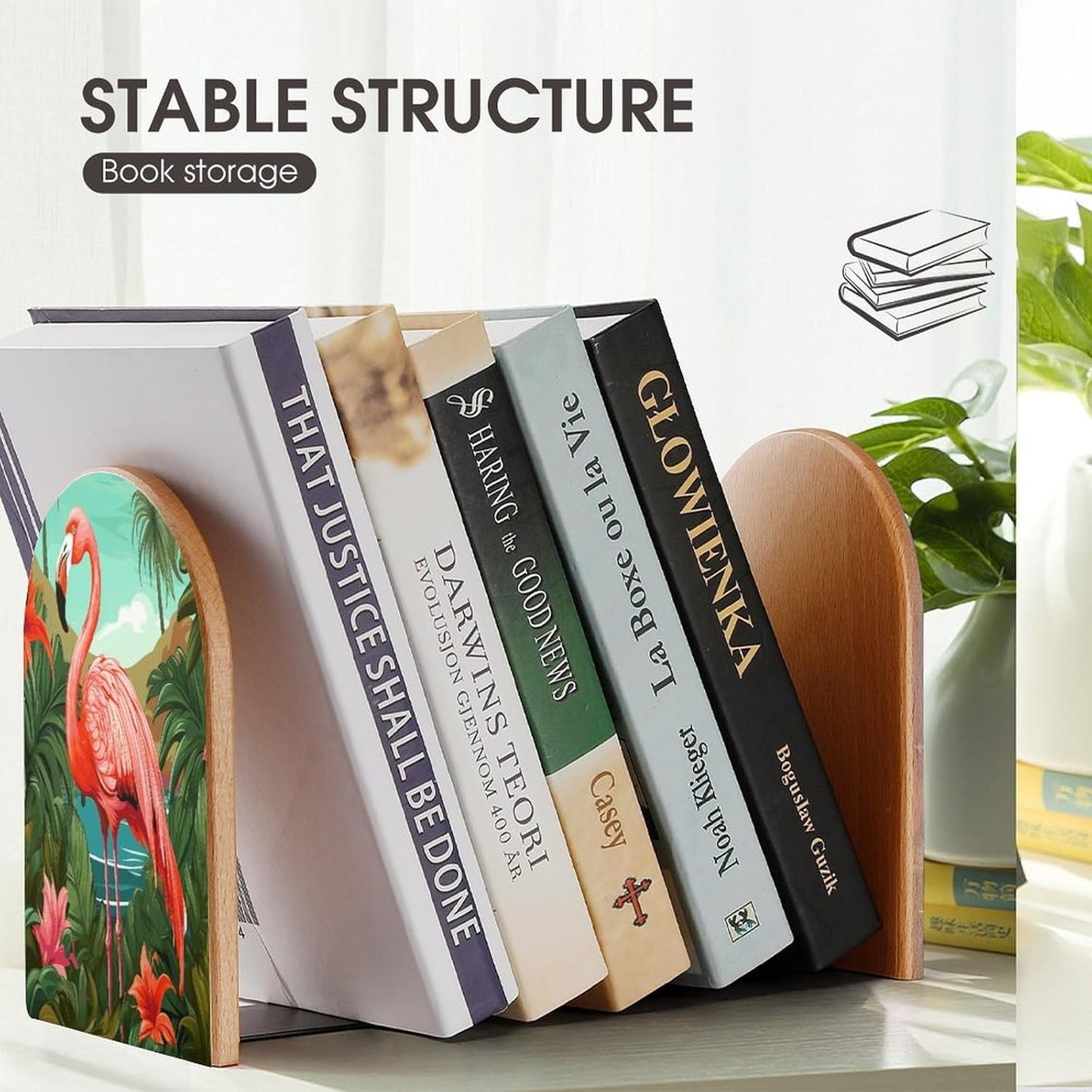 Tropical Flamingo Bookend for Shelves Wooden Book End Large Size Sturdy Book Holders Stoppers with Metal Base for Bookshelves Slick Decorative Bookends Stands