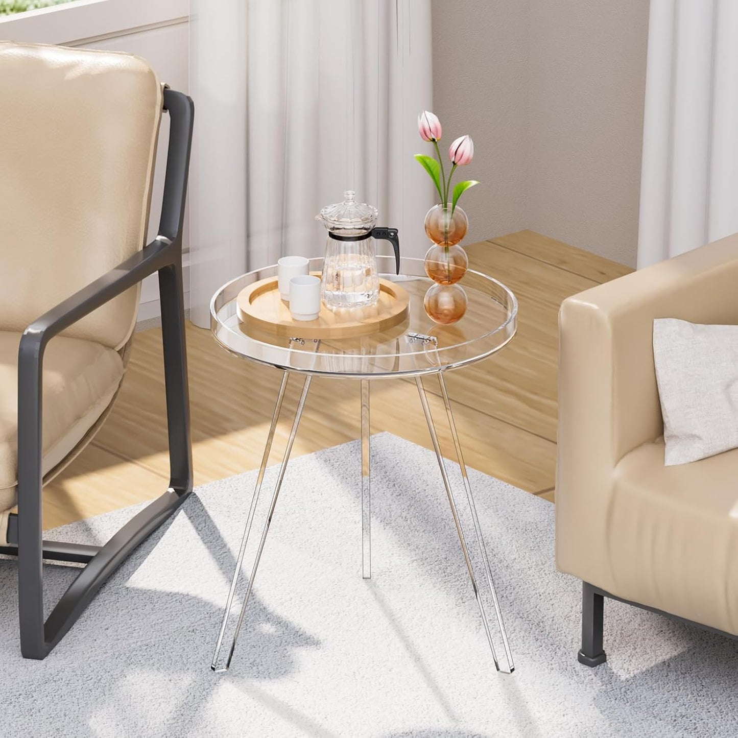 Clear Acrylic Side Table, Round End Table Nightstand Bedside Table Small Circle with Tray for Living Room Bedroom Office Small Space (Clear)