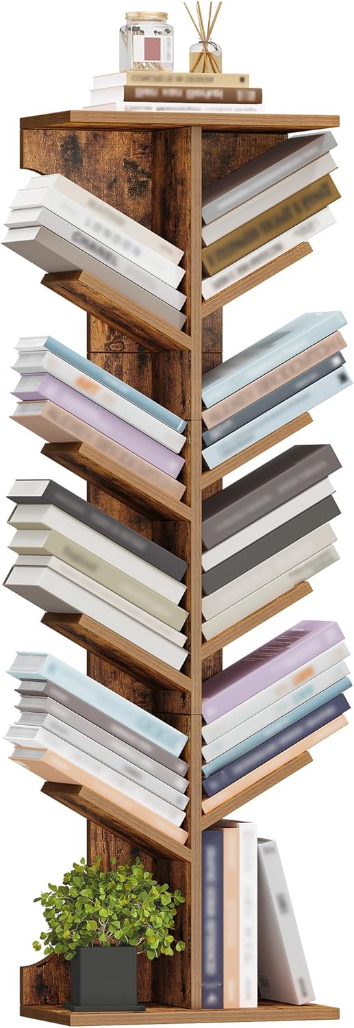 Tree Bookshelf, 11 Tier Narrow Bookcase, Display Shelf, Book Organizer, Small Floor Standing Book Shelf for Bedroom, Living Room, Home Office, Rustic Brown BC01601X