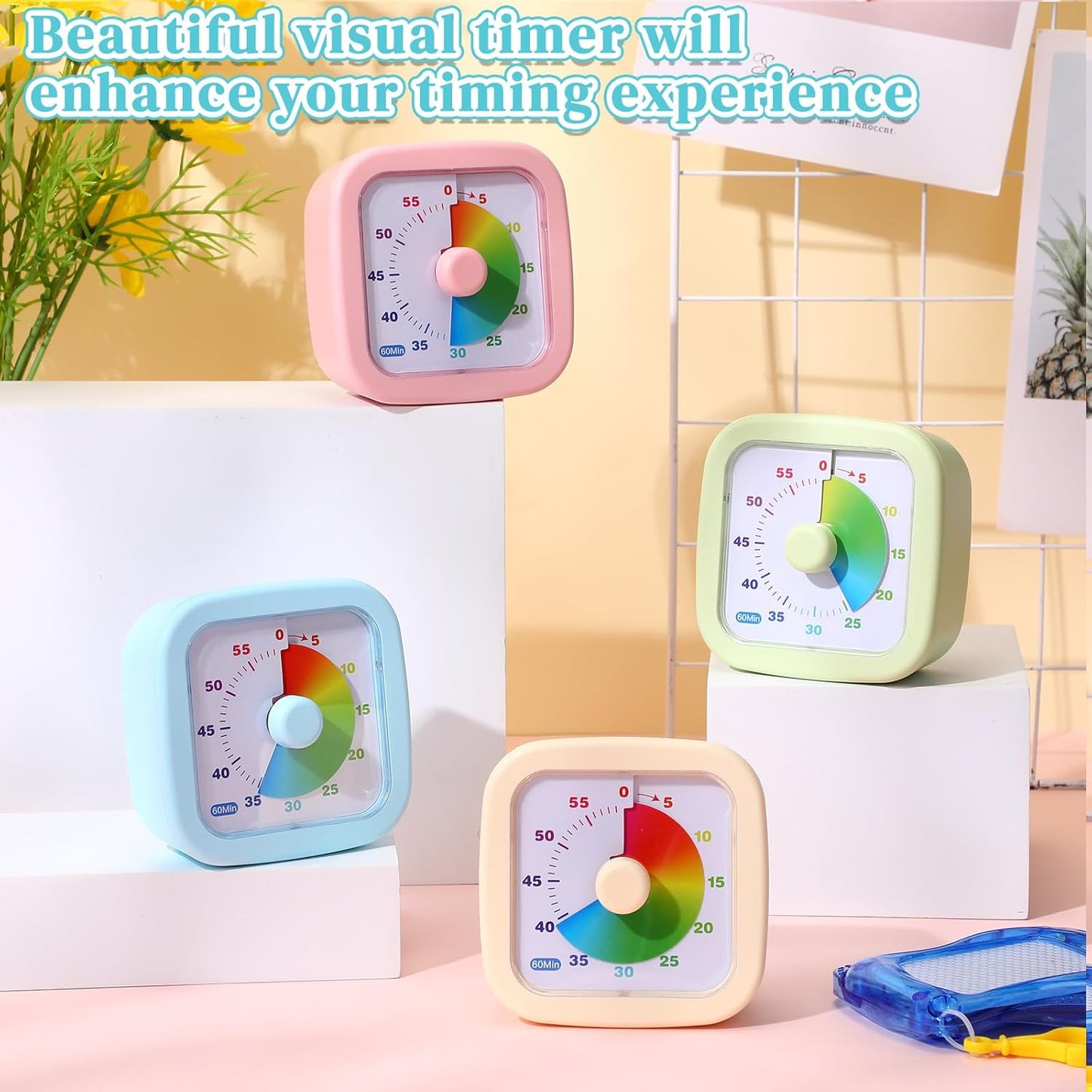 4 Pack Visual Timer 60 Minute Countdown Timer Colored Countdown Clock for Homeschool Supplies Study Tool, Classroom Home Office Time Management Tool(Gradient,Pink, Blue, Yellow, Green)