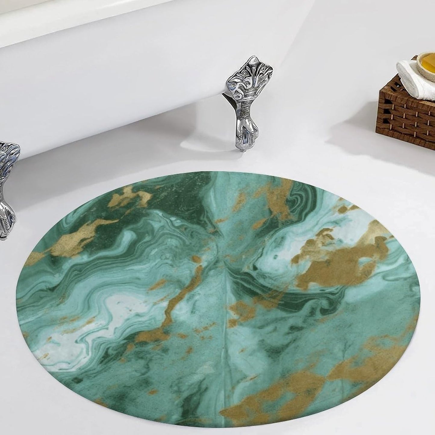 Green Gold Marble Circle Rug Retro Luxury Coral Velvet Floor Mat Non Slip Soft Indoor Floor Carpet Comfy Thickened Area Rugs Modern Aesthetic Minimalist Carpets for Home Decor
