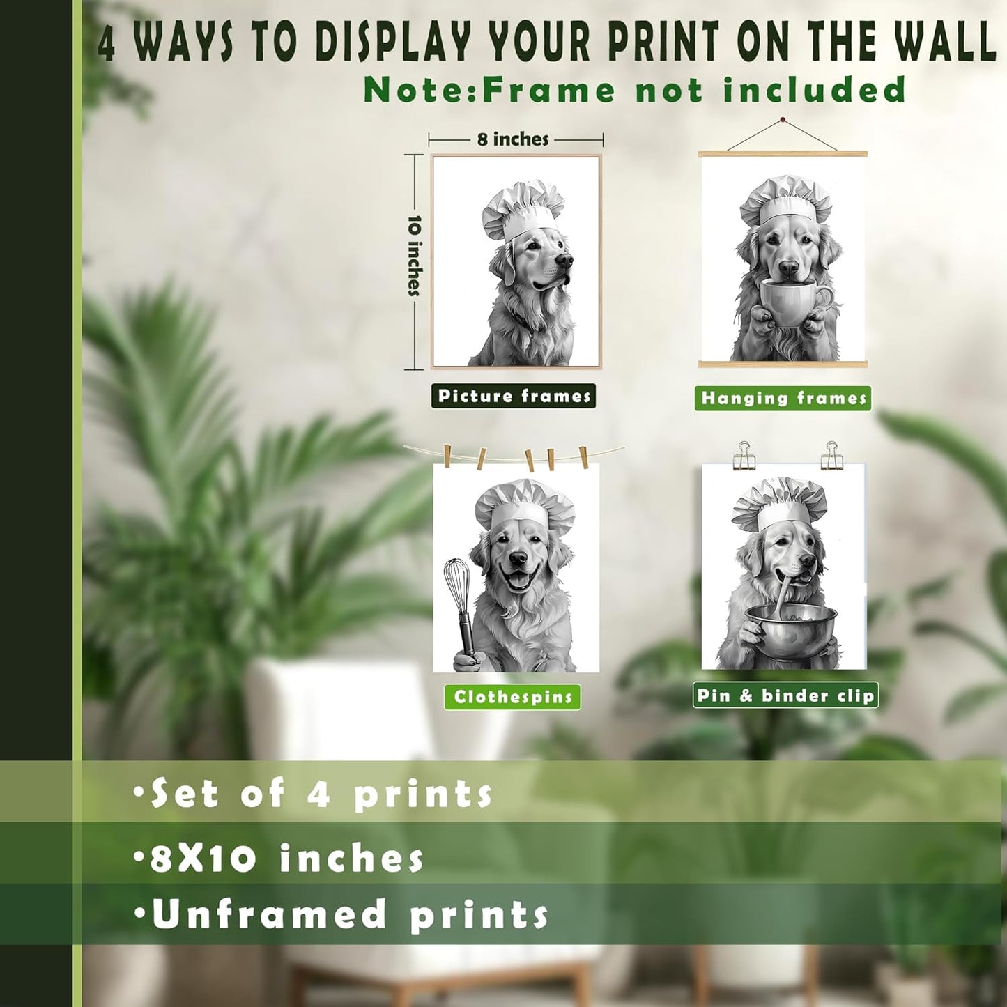 LUKIPOM Funny Golden Retriever Kitchen Wall Art Posters Set of 4, Gifts for Golden Retriever Lovers, Humor Dog Chef Canvas Prints Artwork Wall Decor for Kitchen Home, 8x10 Unframed