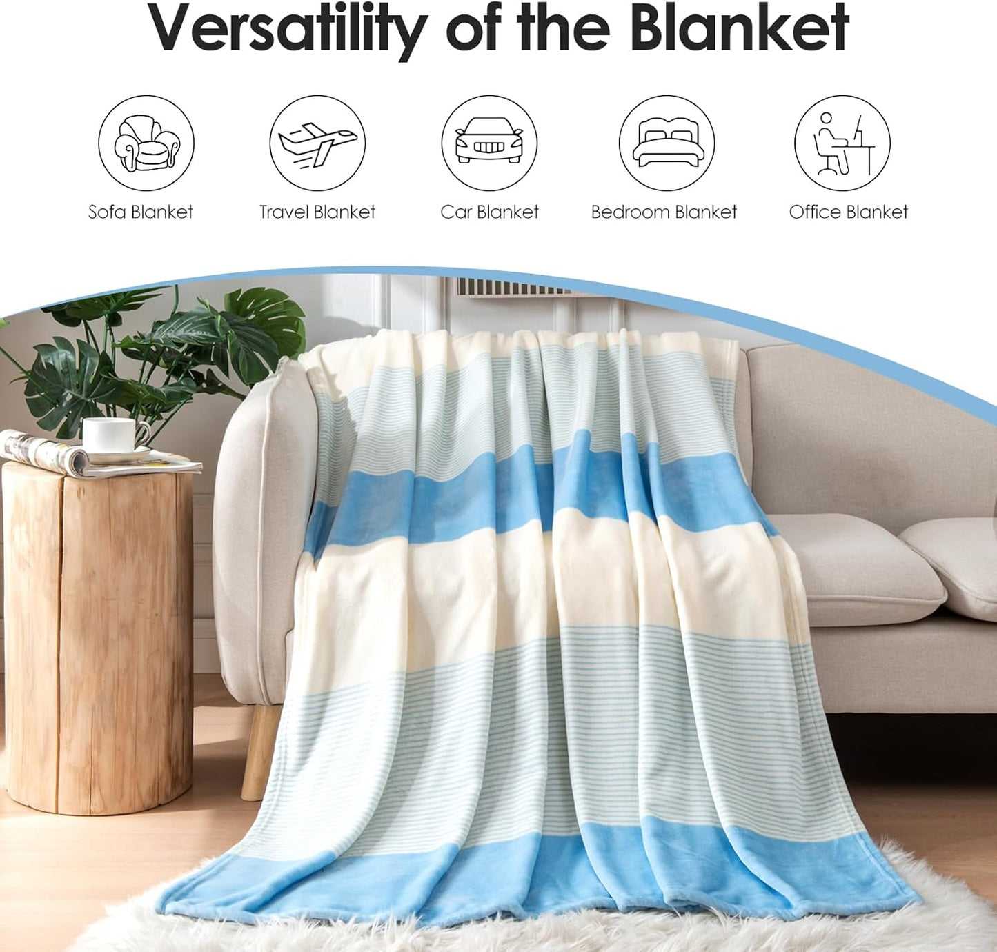 Homelike Moment Fleece Throw Blanket for Couch, Blue Soft Fluffy Blankets Throws, Fuzzy Cozy Plush Flannel Blanket for Sofa, Comfy Warm Lightweight Bed Blanket Striped (Light Blue, 50x60IN)