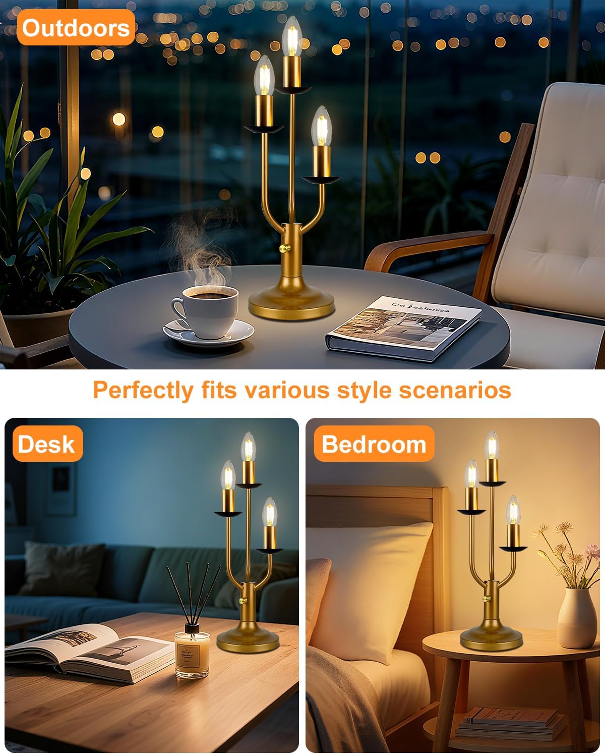 Vintage Candle Table Lamp 3 - Light Candelabra Lamp for Wedding/Party, 3000K Warm White Dimmable Desk Lamp Mid Century Nightstand Bedside Lamps for Bedroom/Dining - Gold
