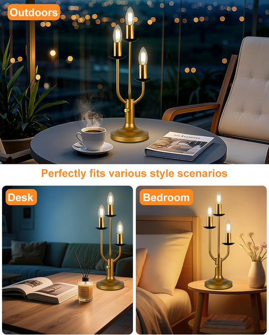 Vintage Candle Table Lamp 3 - Light Candelabra Lamp for Wedding/Party, 3000K Warm White Dimmable Desk Lamp Mid Century Nightstand Bedside Lamps for Bedroom/Dining - Gold